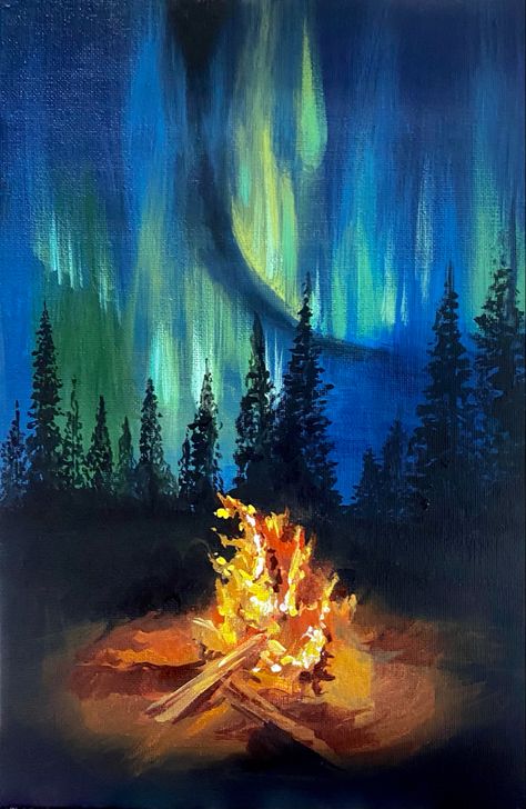 Campfire Painting Easy, Fire Painting Ideas, Canvas Scenery Painting Easy, Big Painting Ideas Easy, Fire Painting Acrylic, Aesthetic Painting Ideas Easy Acrylic, Green Nature Painting, Northern Lights Painting Acrylic, Skiing Painting