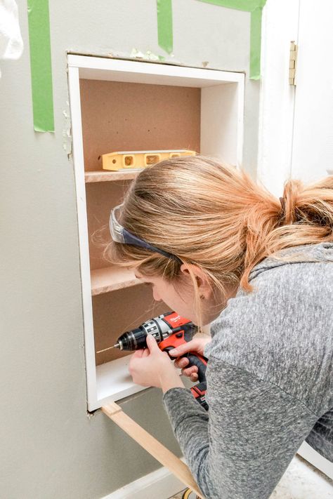 Small Bathroom Solution: Built-In Shelves Between the Studs Diy Shelves Design, Between The Studs, Diy Built In Shelves, Diy Shelves Ideas, Small Bathroom Solutions, Laundry Room Storage Shelves, Recessed Shelves, Small Laundry Room Organization, Room Storage Diy