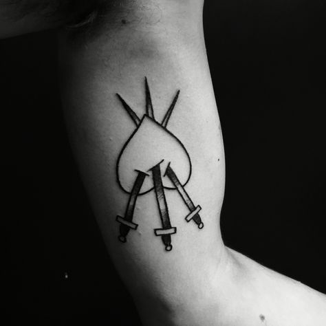 Three of Swords - reverse meaning  Tattooed by Noelle LaMonica Divine Machine Tattoo 3 Of Swords Reversed Tattoo, Three Of Swords Reversed Tattoo, Three Of Swords Reversed, Three Swords Tattoo, 3 Of Swords Tattoo, Three Of Swords Tattoo, Divine Tattoos, Swords Tattoo, Three Of Swords