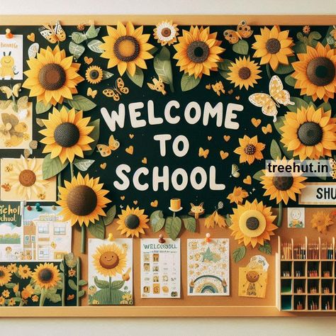 Sunflower Bulletin Board Ideas for Elementary School. Back to School Sunflower Activities for Elementary School. These bulletin board ideas and activities can help make the beginning of the school year engaging and enjoyable for elementary school students while celebrating the theme of Sunflowers. Beginning Of School Year Bulletin Boards, Sunflower Bulletin Board Ideas, Classroom Banner Ideas, Bulliten Boards Ideas Aesthetic, Sunflower Classroom Theme, Sunflower Activities, Bulletin Board Ideas For Elementary, Flower Bulletin Board, Sunflower Bulletin Board