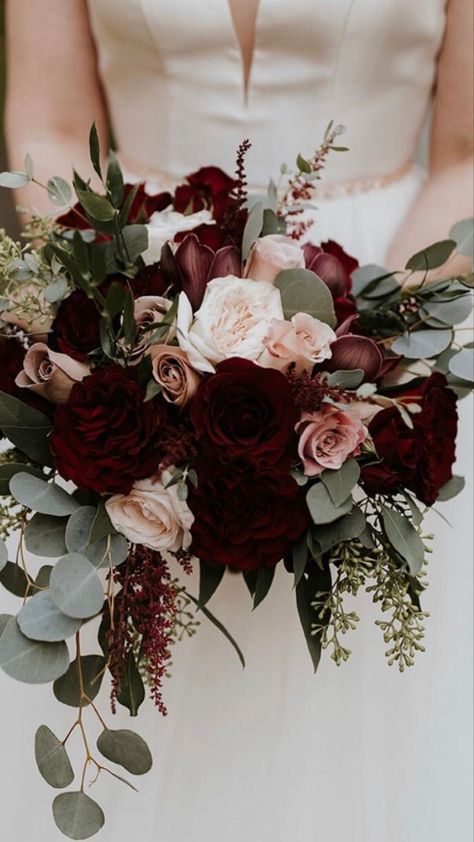 Rosewood Bridal Bouquet, Wine And White Wedding Bouquet, Bridesmaid Flower Bouquets Burgundy, Maroon Flowers Wedding, Cabernet Wedding Colors Flowers, Pink And Burgundy Flowers, Fall Flower Bouquets Wedding, Dark Red Wedding Flowers, Burgundy Flower Arrangements