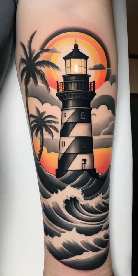 Lighthouse Tattoo Neotraditional, Neo Traditional Lighthouse Tattoo, Lighthouse Traditional Tattoo, Lighthouse Tattoo Traditional, Light House Tattoo Design, Lighthouse Tattoo Design, Light House Tattoo, Tattoo Lighthouse, Traditional Lighthouse Tattoo