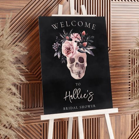 Floral Skull Halloween Bridal Shower Welcome Sign Unique Halloween Party Ideas, Welcome Sign Halloween, Scary Halloween Invitations, Elegant Halloween Party, Halloween Party Design, Halloween Bridal Showers, Gothic Wedding Theme, Skeleton Flower, Spooky Chic