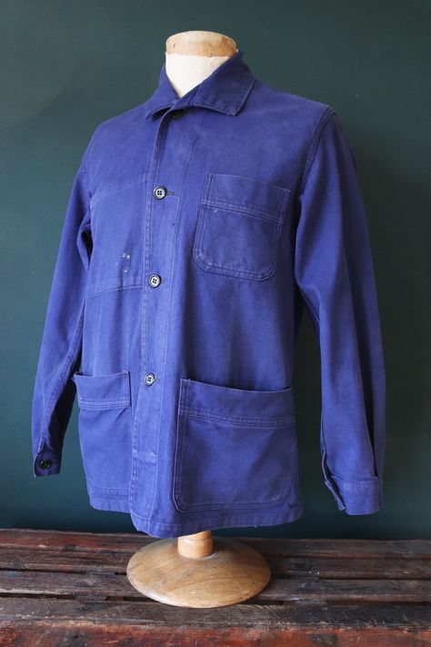 Vintage 1970s 70s French indigo blue bleu de travail work chore jacket workwear cotton twill 42” chest Vintage Work Wear, 70s Workwear, Blue Chore Jacket, French Chore Jacket, Ss 2024, French Workwear, Worker Jacket, Style Bundle, Work Coat