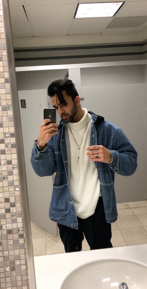 White turtleneck con fav thrifted denim jacket Mens White Turtleneck Outfit, White Turtle Neck Outfit Men, Boys Denim Jacket Outfit, Mens Turtleneck Outfits Street Style, Turtle Neck Outfit Men Streetwear, Turtleneck Outfit Layering Men, Turtleneck Layering Outfit, Roll Neck Sweater Outfit, White Turtle Neck Outfit