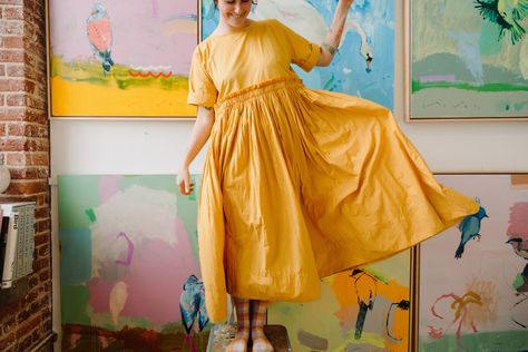 Raven Roxanne Art, Raven Roxanne, Studio Shoot, Spring 2023, Artist Inspiration, Off Shoulder Dress, Paintings, Fine Art, Yellow