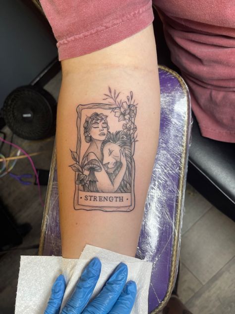 Strength Tarot Card Tattoo, Strength Tarot Card, Leo Tattoo Designs, Strength Tarot, Brother Tattoos, Tarot Card Tattoo, Tarot Tattoo, Card Tattoo Designs, Strength Tattoo