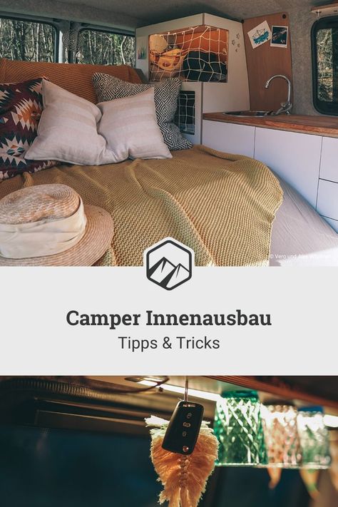 Schlafen, Kochen, Essen, Arbeiten: Damit du diese Dinge künftig jederzeit von überall aus machen kannst, ist ein Camper-Ausbau die Lösung. Beim Innenausbau deines Vans musst du dir jedoch um viele essentielle Features und Funktionen wie Heizung, Elektrik, Möbel, Küche oder Bett Gedanken machen. Camper-Ausbau-Profis Vero und Alex verraten Dir, wie’s geht. #campervan #innen #planung #diy Vw Bus, Outdoor Life, Van Life, Life Hacks, Camping, Van