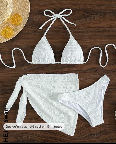 White Swim Suit, Shein Bathing Suits, White Bathing Suits, Shein Bikinis, Estilo Hipster, Solid Color Bikinis, White Bathing Suit, Halter Neck Swimsuit, Skirt Coverup