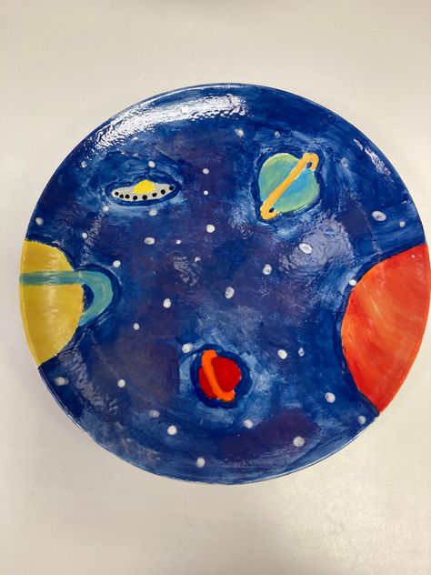 We think this plate is out of this world! What would you paint? #painting #pottery #smallbusiness #craftymonkey #art Space Pottery Painting, Pottery Painting Studio, Diy Fimo, Pottery Lessons, Diy Pottery Painting, Painting Pottery, Pottery Painting Ideas, Kids Plates, Space Painting