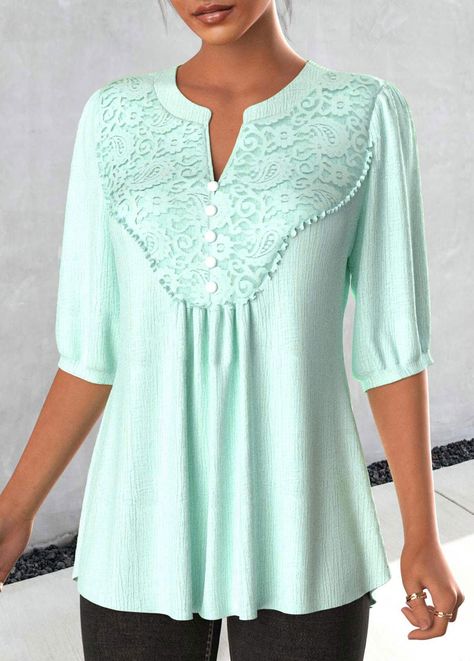 Light Green Lace Three 3/4 Sleeve Blouse | modlily.com - USD 31.98 Green Lace Blouse, Blouse Size Chart, Blouse Designs Catalogue, Tops Trendy, Trendy Tops For Women, Green Lace, Trendy Tops, Lace Blouse, Blouse Styles