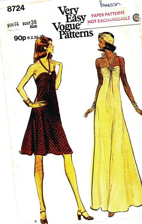 EVENING DRESS  Flared halter dress in mid-knee or evening length has fitted bra bodice gathered at front to purchased ring. Strap, looped to ring, ties at back of neck.  Pattern is counted and complete, showing slight wear appropriate to age. Sewing Patterns 70s, Cher 70s, 1970s Party, Halter Strap Dress, 1970s Sewing Patterns, 1970s Dress, 1970s Dresses, Halter Strap, Vogue Patterns