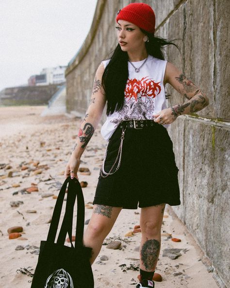 Guys!!🥹 the summer collection we’ve been working tirelessly on over at @eighty6clothing is launching tomorrow night !!! So excited to share these with you, and these will also come in time for download 🥰 Pictured: - metal vest in white - hell awaits co ord in black - no friend of mine tote bag in black Metal Vest, Eighty Six, Rocker Outfit, Alt Clothing, Rock Outfits, Style Steal, Work Outfits, Co Ord, Bad Girl