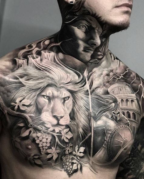 Perseus Tattoo, Gladiator Tattoo, Spartan Tattoo, Chicano Tattoos, Cool Chest Tattoos, Chest Tattoos, Neck Tattoo For Guys, Chest Piece Tattoos, Neck Tattoos