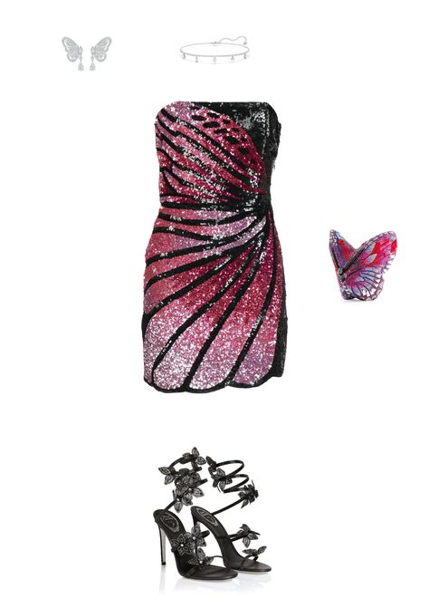 Earrings: De Beers Jewellers | Necklace: Swarovski | Dress: Retrofete | Heels: Rene Caovilla Rene Caovilla Heels Outfit, Heels Outfit Ideas, Rene Caovilla Heels, Swarovski Dress, Sparkly Butterfly, Butterfly Bag, Black And Pink Dress, Butterfly Bags, Necklace Swarovski