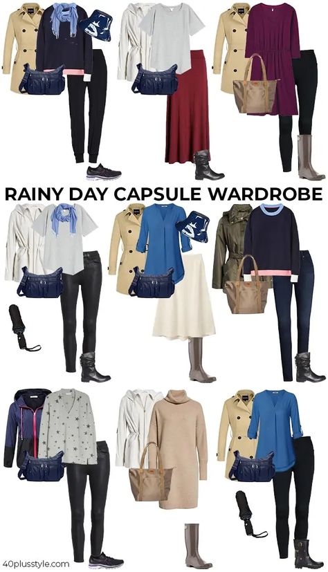 Casual Spring Rainy Day Outfits, Rainy Capsule Wardrobe, Rainy Spring Outfit Work, Rainy Day Business Casual, Rainy Day Outfit For Work Summer, Rainy Day Business Casual Outfits, Rainy Day Church Outfit, Rainy Day Work Outfit, Rainy Day Outfit Summer