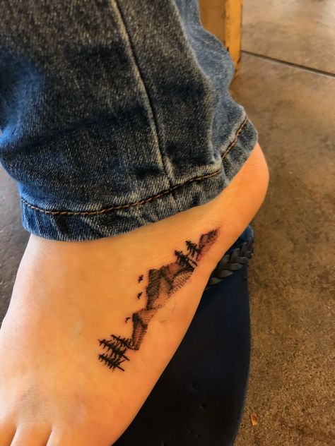 Mountain and 🌲 tattoo new edition dec14 Adirondack Mountain Tattoo, Mountain Peak Tattoo, Mountain Tree Water Tattoo, Mountain Range Ankle Tattoo, Mountain Feet Tattoo, Sawtooth Mountains Tattoo, Tattoo New, Hoof Print, Mountain Tattoo