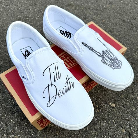 Converse Shoes Collection, Skater Wedding, Appalachian Wedding, Shoes Artwork, Wedding Vans, Slip On Shoes For Women, Vans Slip Ons, Dark Wedding Theme, Custom Vans Shoes