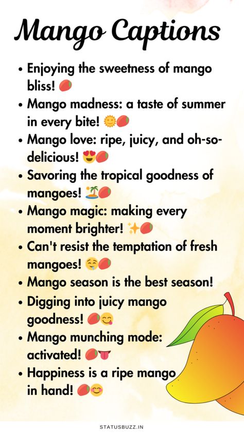 Best Mango Captions For Instagram | Mango Shake Quotes StatusBuzz Mango Captions Instagram, Fruit Captions Instagram, Mango Captions, Fruit Captions, Mango Quotes, Quotes For Selfies, Mango Shake, Best Captions, Festival Quotes