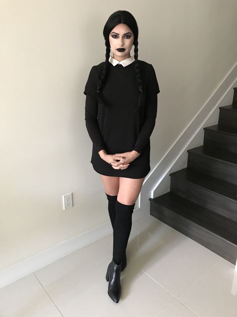 Simple Halloween Costume  The wig is from Amazon, dress and socks from Forever21, shoes are from Steve Madden Black Knee High Boots Halloween Costume, Black Boot Halloween Costume, Easy Halloween Costumes For Women Black Dress, Simple Black Dress Halloween Costume, Costumes With Black Boots, Different Halloween Costumes, Wednesday Addams Outfit, Wednesday Addams Dress, Wednesday Costume