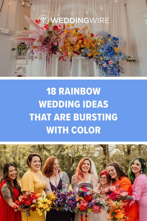 Wedding Rainbow Theme, Classy Rainbow Wedding, Rainbow Color Wedding Theme, Bright Fall Color Palette Wedding, Boho Rainbow Wedding, Rainbow Theme Wedding, Rainbow Wedding Centerpieces, Bright Color Wedding Theme, Rainbow Wedding Party