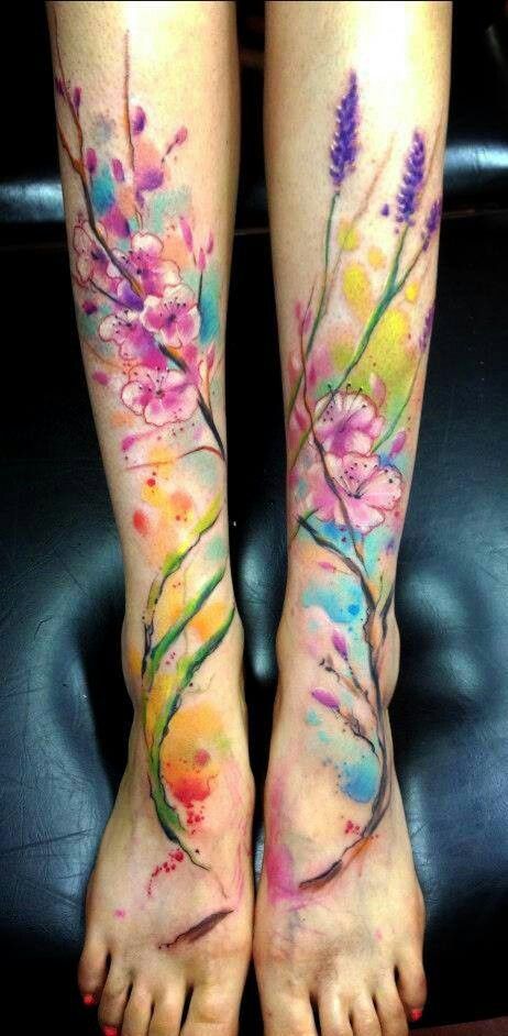 cherry blossoms and lavender with colorful background- love this style of tattoo rendering, wonder what artist around here could actually do that or even be willing? :/ People With Tattoos, Watercolour Tattoos, Cactus Tattoo, Tattoo Trend, Geniale Tattoos, Watercolor Tattoos, Cherry Blossom Tattoo, Blossom Tattoo, Tattoo Desings