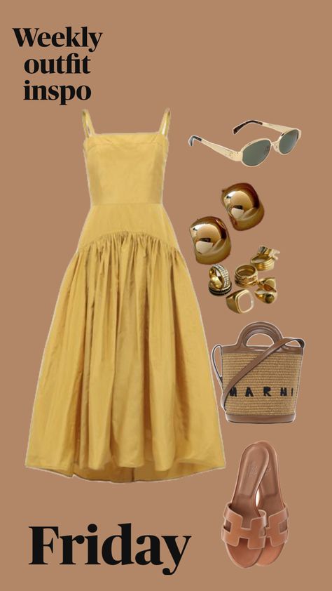 Yellow midi skirt, hermes sandals, marni bag, celine sunglasses, gold jewelry Yellow Midi Skirt Outfit, Hermes Sandals, Yellow Midi Skirt, Classy Gowns, Marni Bag, Midi Skirt Outfit, Celine Sunglasses, Weekly Outfits, Skirt Outfit