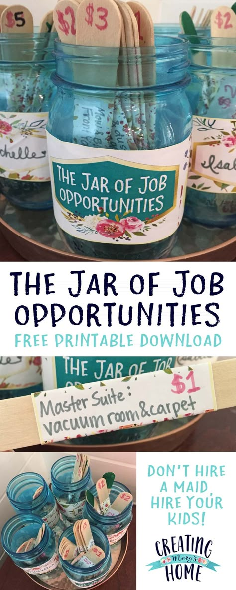 The Jar of Job Opportunities {Money Jar} - creatingmaryshome.com Kid Chores, Chore Ideas, Chore Board, Money Jar, Kids Chores, Eyeliner Hacks, Money Jars, Chore Charts, Smart Parenting