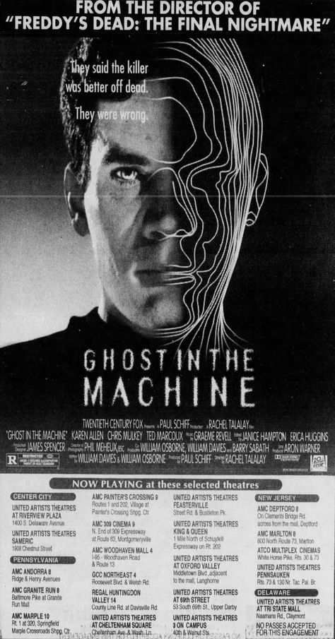 Ad for "Ghost in the Machine," starring Karen Allen, Chris Mulkey, and Ted Marcoux. The Philadelphia Inquirer; Friday, December 31st, 1993, Weekend Section Page 7. Karen Allen, Movie Ads, Better Off Dead, Newspaper Clippings, Ghost In The Machine, Horror Posters, The Machine, Old Movies, Saint Louis