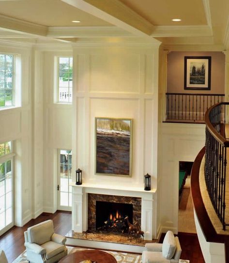 2 Story Fireplace Makeover, Two Story Fireplace Wall With Windows, Two Story Fireplace Ideas Shiplap, Two Story Brick Fireplace, Two Storey Fireplace, Fireplace In 2 Story Great Room, Two Story Tapered Fireplace, Two Story Double Sided Fireplace, Two Story Great Room Fireplace