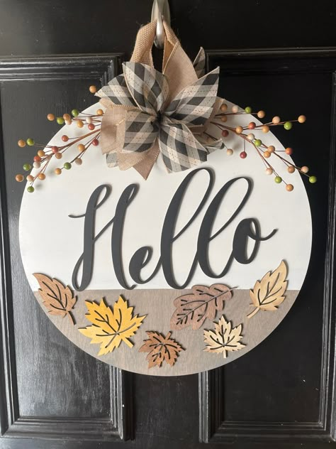 Fall Wood Wreaths For Front Door, Fall Round Signs Wooden, Don’t Stop Be Leaving Door Hanger, Hello Fall Round Wood Sign, Fall Wood Signs Door Hangers, September Door Hanger, Homemade Home Decor Ideas Crafts, Diy Fall Door Signs, Autumn Door Hangers