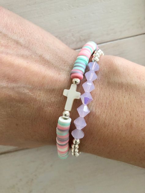 Easter Heishi Bracelet, Christian Bracelet Ideas, Easter Bracelets, Initial Bracelet Gold, Heishi Bracelet, Faith Bracelet, Christian Bracelets, Bracelet Inspo, Dainty Gold Bracelet