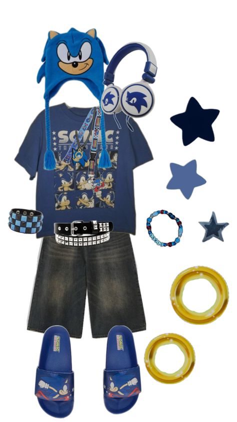 Sonic Aesthetic Outfits, Sonic Themed Outfit, Ftm Outfits Casual, Sonic Clothes Aesthetic, Sonic With Clothes, Sonic Outfit Ideas, Sonic Inspired Outfits, Sonic Clothes, Scenecore Clothes