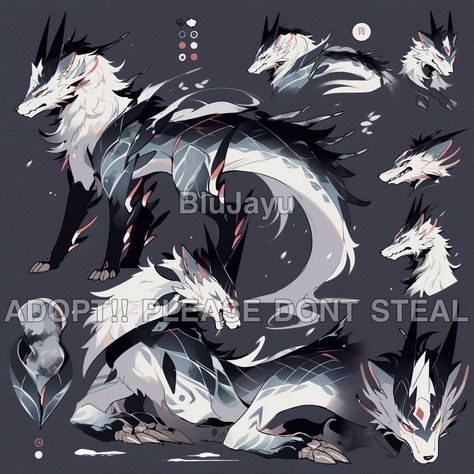 Wolf Creature Design, Fantasy Creature Design Animals, Fox Hybrid Oc, Fluffy Dragon Art, Dragon Oc Ideas, Mystical Creature Drawing, Mythical Creatures Art Sketch, Dragon Wolf Hybrid, Fantasy Pets Mythical Creatures