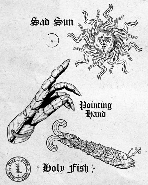 ⚔️ Continuing my religious Medieval symbolism with these 3 new flashes ⚔️ The knight’s hand pointing upward, symbolizing faith and the connection to God. The sad face sun reflecting both light and sorrow, often seen as a symbol of Christ’s suffering. Lastly, the metal fish is a nod to early Christian symbolism, where the fish represents Jesus and his followers. Each piece is inspired by the deep religious symbolism and intricate detail of medieval art. Which of these symbols resonates ... Christian Symbolism, Hand Pointing, Face Sun, Pointing Hand, Metal Fish, The Knight, Christian Symbols, Medieval Art, The Fish