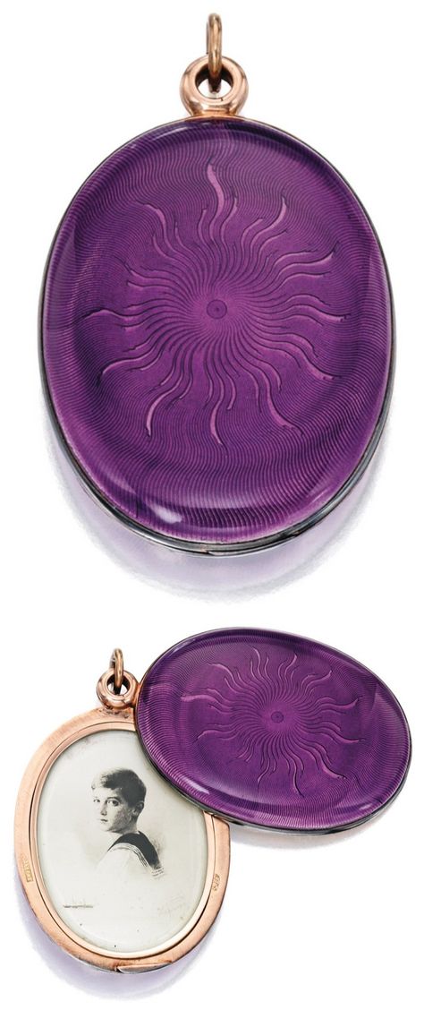 Gold, Silver and Guilloché Enamel Pendant-Locket, Fabergé, with Workmaster Henrik Wigström The oval-shaped pendant with dark lavender enamel over a sunburst guilloché ground, the interior fitted with a mirror facing a portrait of Tsarevich Alexei Nikolaevich, stamped Fabergé, with Russian hallmark and workshop mark for Henrik Wigström; circa 1899-1908. Sunburst Jewelry, Tsarevich Alexei, Alexei Nikolaevich, Dark Lavender, Pendant Locket, Guilloche Enamel, Faberge Jewelry, Fake Jewelry, Jewel Necklace