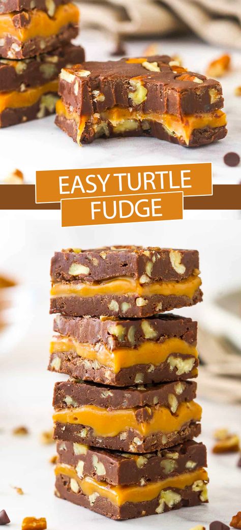 This Turtle Fudge is totally delicious and super easy. We combine rich chocolate fudge, pecans, and creamy caramel to make the best fudge recipe you’ve ever had! Perfect for holiday gifts or any time of year. Turtle Fudge, Caramel Pecan Fudge, Pecan Turtles Recipe Easy, Turtle Fudge Recipe, Pecan Turtles Recipe, Christmas Sweets Recipes, Best Fudge Recipe, White Chocolate Fudge, Caramel Fudge