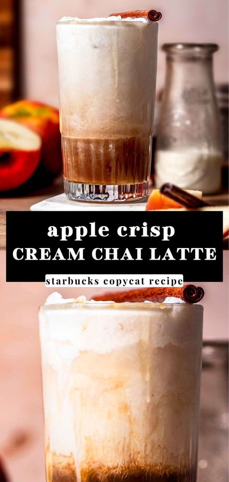 This iced apple crisp nondairy cream chai latte is made with velvety oat milk and a sweet spiced chai tea concentrate. It has the best dairy-free sweet cream on top flavored with a homemade apple brown sugar syrup. This Starbucks copycat chai latte is vegan, dairy free and so delicious. It's the perfect fall drink. Starbucks Copycat Drinks Recipes, Chai Apple Cider, Starbucks Iced Apple Crisp Nondairy Cream Chai, Iced Apple Crisp Cream Chai, Spiced Apple Tea Starbucks, Apple Cider Chai Latte, Apple Cider Chai, Chai Flavors, Chai Tea With Oat Milk