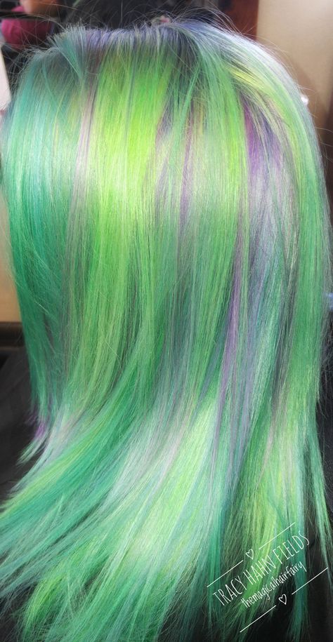 Vivid haircolor Purple And Green Hair Streaks, Pastel Green And Purple Hair, Purple And Green Hair Ideas, Multi Hair Color Ideas, Blonde Hair With Green Highlights, Green And Blonde Hair, Blonde And Green Hair, Unique Hair Ideas, Green Purple Hair