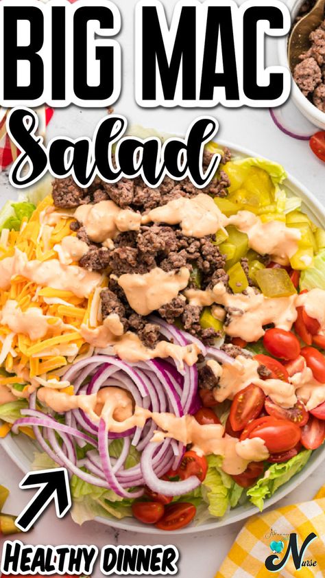 Transform your dinner ideas with this Big Mac Salad! This refreshing summer salad is a copycat recipe that brings the classic flavors of a Big Mac into a healthier, delicious dish. A fun and tasty recipe food for any occasion! Big Mac Chopped Salad, Big Mac Salad In A Jar, Optavia Big Mac Salad, Big Mac Salad Recipe, Keto Big Mac Salad, Protein Prep, Healthy Reminders, Mcdonald's Big Mac, Mac Salad Recipe