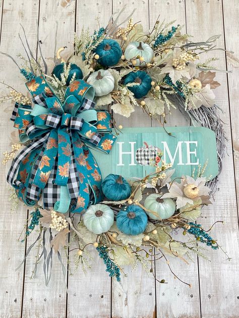 30 Fall Thanksgiving Autumn Harvest Teal Mint Buffalo Plaid Pumpkin Farmhouse Large Wreath for Front Door Porch Entrance Wall Decor - Etsy Teal Fall Decor, Entrance Wall Decor, Porch Entrance, Fall Decor Wreaths, Plaid Pumpkin, Fall Deco Mesh, Fall Decor Diy Crafts, Mesh Wreath Diy, Door Porch