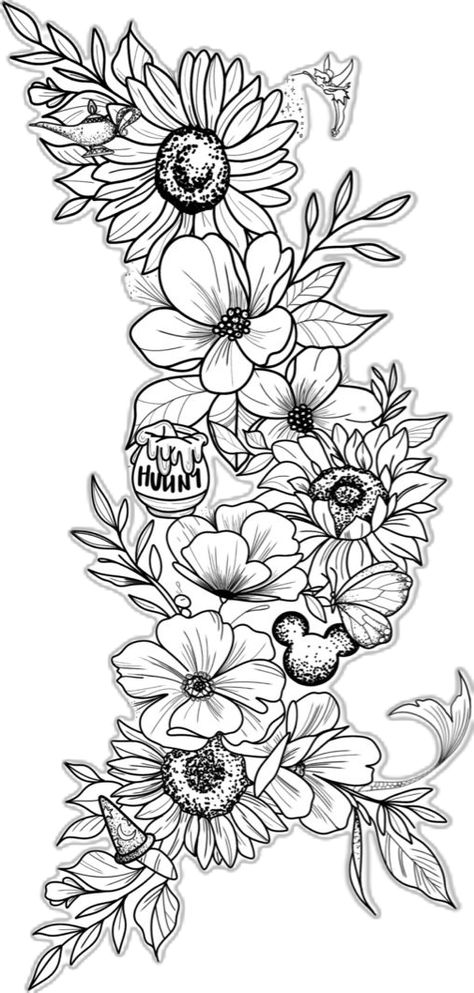 Floral Must Have Tattoos For Women, Hip Tattoo Drawings, Tattoo Ideas Female Upper Thigh, Sleeve Tattoos For Women Flowers, Women’s Half Sleeve Tattoo Upper Arm, Colored Arm Tattoos For Women, Thigh Tattoos Women Sunflower, Disney And Flower Tattoo, Sunflower Leg Tattoos Women