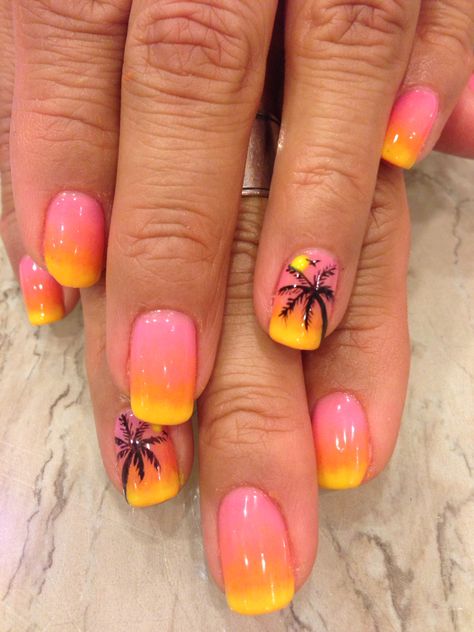 sunset gel nails Sunset Yellow Nails, Uv Gel Nails Designs Summer, Vacation Gel Manicure, Beach Sunset Nail Designs, Beach Ombre Nails Vacation, Nail Designs Sunset, Neon Sunset Nails, Sunset Nails Short, Vacation Dip Nails Tropical