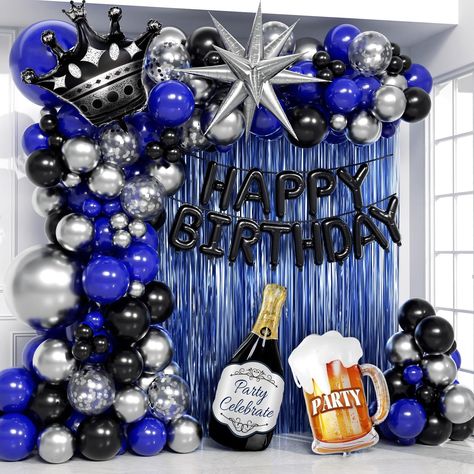 PRICES MAY VARY. 【What You Get】:You will receive: 61 navy blue balloons (1 x 18-inch, 10 x 12-inch, 20 x 10-inch, 30 x 5-inch), 36 silver balloons (1 x 18-inch, 15 x 10-inch, 20 x 5-inch), 15 black balloons (10-inch), 3 silver confetti balloons (12-inch), and 1 silver starburst-foil balloon. Additionally, you'll get 3 foil balloons, 1 "Happy Birthday" foil balloon, 2 blue fringe curtains (3.2 x 6.5 feet), glue dot*100, ribbons *1, decorative strip*1 【Ample Balloons&Complete Party Set】:This men b Blue Black And Gray Birthday Party, 50 Year Old Birthday Ideas For Men Party Themes, Blue Black And Silver Party Decorations, Mens Birthday Decor, Men Party Ideas Decoration, Blue Decorations Party Birthday Ideas, Men Birthday Theme Ideas, Men Birthday Party Ideas Decoration, Men Birthday Decorations