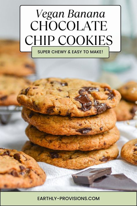 Vegan Banana Chocolate Chip cookies are super chewy and full of banana and chocolate! This vegan cookie recipe is quick and easy to make and requires no chill time! Vegan Banana Chocolate Chip Cookies, Vegan Banana Cookies, Vegan Cookie Recipe, Vegan Chocolate Chip Cookie Recipe, Healthy Vegan Cookies, Easy Vegan Cookies, Banana And Chocolate, Banana Chocolate Chip Cookies, Vegan Cookie