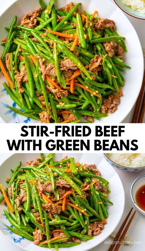 a plate of Vietnamese stir-fried green beans with beef Honey Garlic Green Beans, Chinese Beef Stir Fry, Green Beans Garlic, Chinese Green Beans, Asian Green Beans, Garlicky Green Beans, Stir Fry Green Beans, Stir Fry Greens, Chinese Chicken Salad Recipe