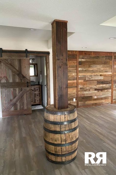 Wrapping Basement Beams, Basement Stairwell Ideas Rustic, Using Barnwood On Walls, Rustic Chic Basement, Unique Basement Ideas Wall, Western Style Basement, Brown Basement, Basement Wall Ideas, Rustic Basement Ideas