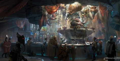 Concept art for Oga’s Cantina shows an alien bartender on a pedestal behind the bar making drinks from overhead cantina vessels and tanks. (Disney/Lucasfilm) Jedi Hunter, Star Wars Propaganda, Star Wars Locations, Star Wars Cantina, Pod Racer, Amsterdam Coffee Shop, Star Wars References, Star Wars Kotor, Amsterdam Coffee