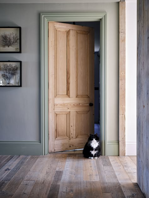 Coloured Skirting Boards, Coloured Skirting, Victorian Hallway Ideas, Wooden Door Paint, Victorian Hallway, Hallway Colours, Cottage Door, Wooden Doors Interior, Hallway Designs