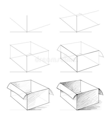 Drawing From Perspective, Cute Box Drawing, How To Draw Shapes, Drawing From Shapes, Box Sketch Drawing, Open Box Drawing, Simple Objects To Draw, Sketch Step By Step Pencil, Box Method Drawing